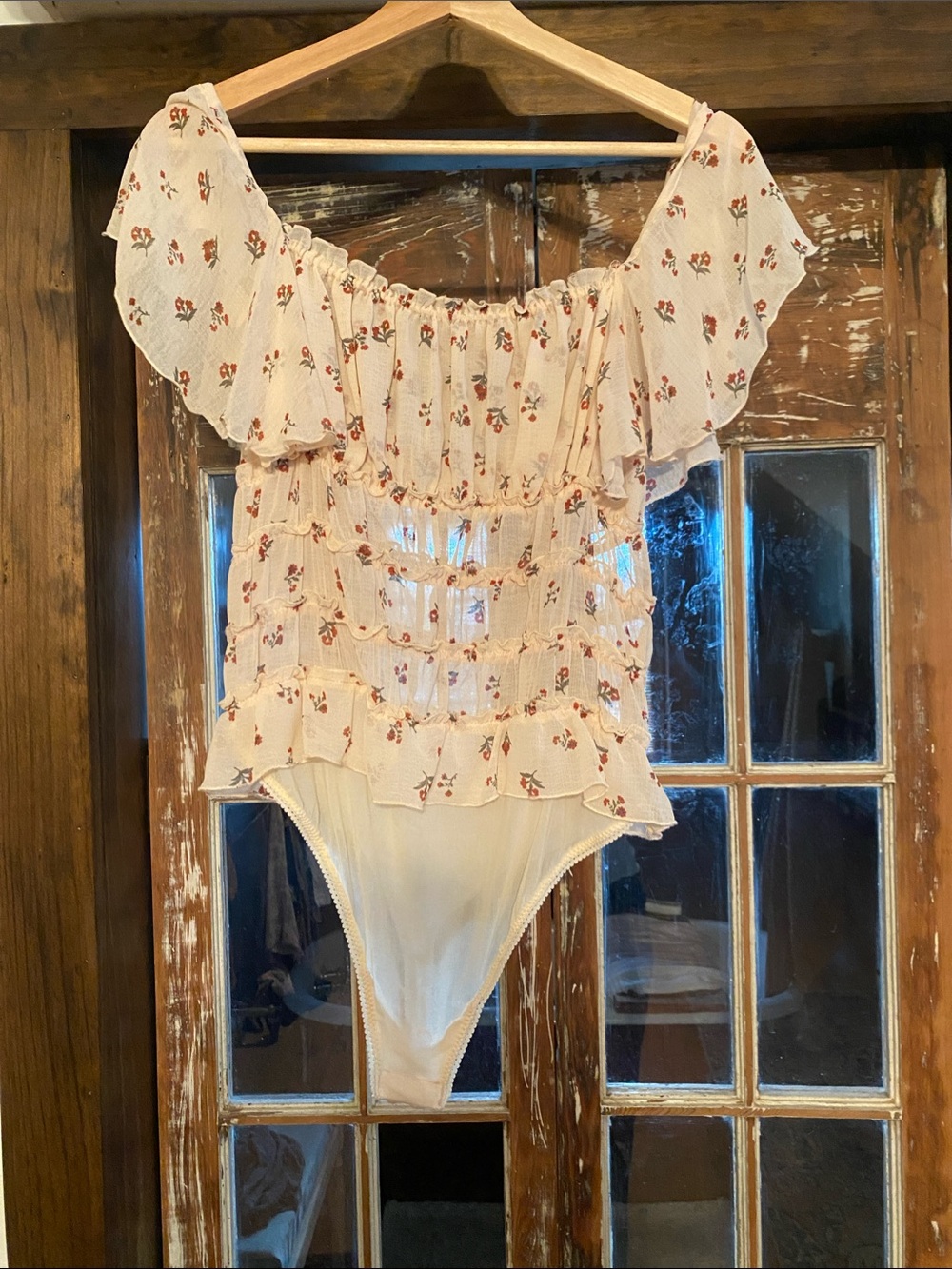 Free People Cream Floral Ruffle Bodysuit